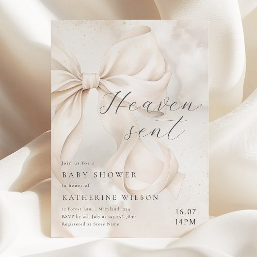 Heaven Sent Neutral Bow Baby Shower Invitation Kaart