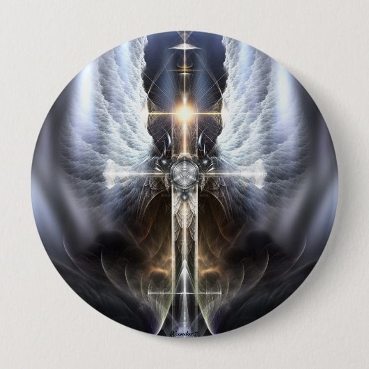 Heavenly Angel Wing Cross Fractal Art Button (Voorkant)
