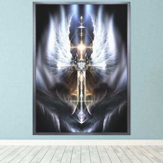 Heavenly Angel Wing Cross Fractal Art Compositie Canvas Afdruk (Insitu (Houten vloer))
