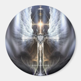 Heavenly Angel Wing Cross Fractal Art Round Magnet Magneet