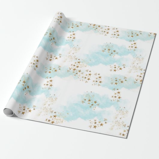 Heavenly Gold Star Dust Angel Clouds Gift Wrap Cadeaupapier (Uitgerold)
