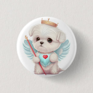 Heavenly Love: Cute Angel Maltese Dog Puppy Ronde Button 3,2 Cm