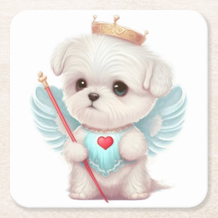 Heavenly Love: Cute Angel Maltese Dog Puppy Vierkante Kartonnen Onderzetter