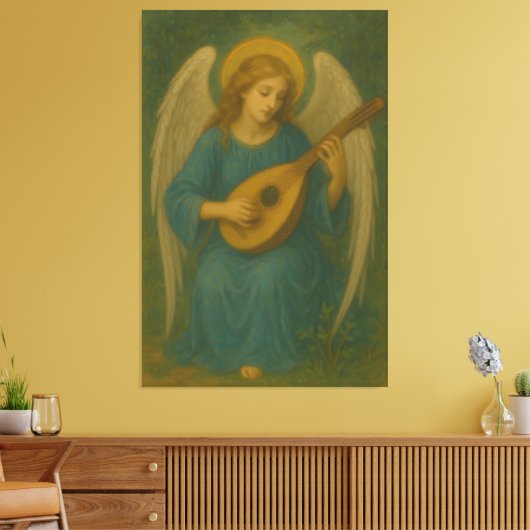 Heavenly Music Angel – Golden Halo Harp-Lute Guard Canvas Afdruk (Insitu (Woonkamer))