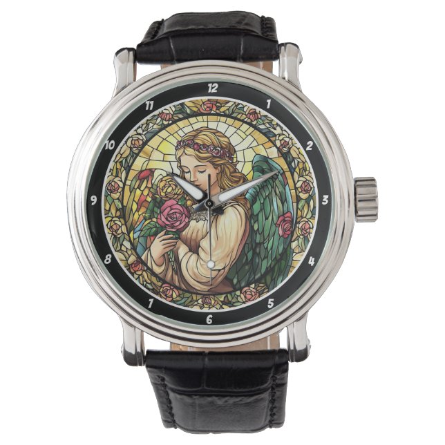 Heavenly Rose Serenade Stained Glass Angel Horloge (Voorkant)