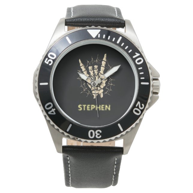Heavy metal skelet hand, Rock en roll Halloween Horloge (Voorkant)