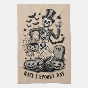 Heb een griezelige dag Halloween Heks Skelet Theedoek
