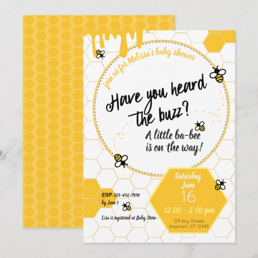 Heb je de Buzz al gehoord? Baby shower Bee Theme Kaart (Voorkant / Achterkant)
