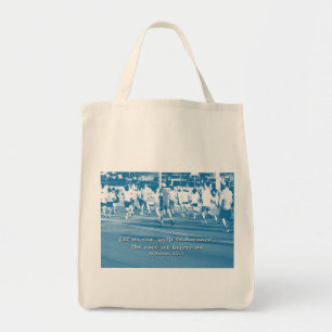 Hebreeuws 12:1 Laten we de race leiden Tote Bag