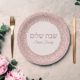 Hebreeuws Shabbat Shalom Elegant Roos Roze Glitter Papieren Bordje