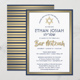 Hebreeuwse Naam Bar Mitzvah Elegant Goud Wit & Mar Kaart