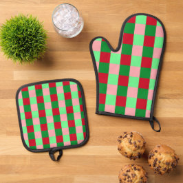 Hedendaags kerst dambordpatroon ovenwant & pannenlap set