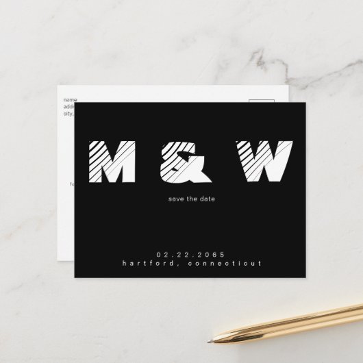 Hedendaags Monogram B/W Eenvoudig Bewaar de Datum Aankondigingskaart (Voorkant / Achterkant in situ)
