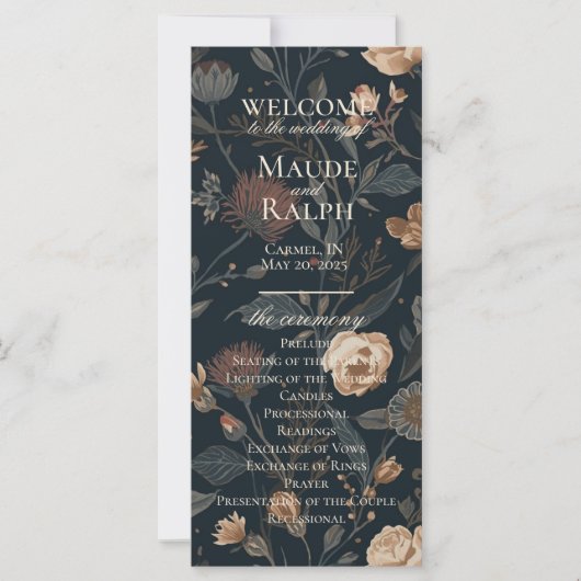 Hedendaags zwart bloemig huwelijksceremonieprogram (Voorkant)