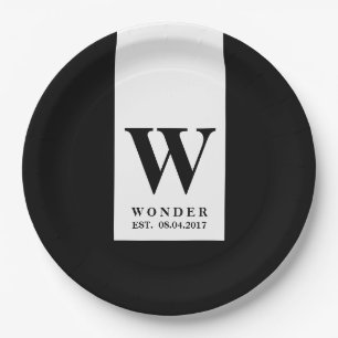 Hedendaags zwart monogram Minimalistische bruilo Papieren Bordje