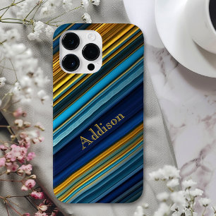 Hedendaagse Blauw/Goud Abstracte Strepen Case-Mate iPhone 14 Pro Max Hoesje