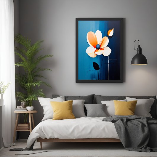 Hedendaagse blauwe en Oranje bloemenkunst Perfect Poster