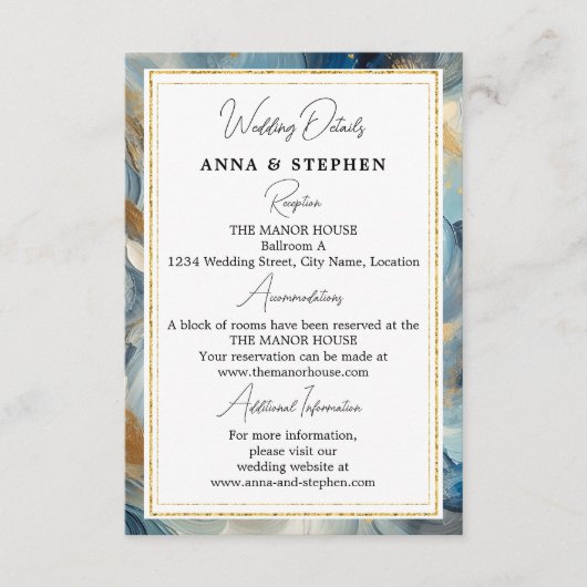 Hedendaagse Elegantie: Blauw Wit Goud Details Informatiekaartje (Voorkant)