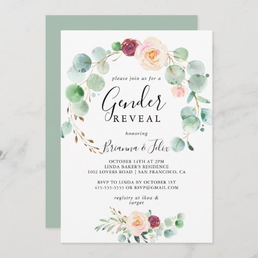 Hedendaagse Eucalyptus Bloemengenderonthulling Fee Kaart (Voorkant / Achterkant)