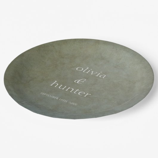 Hedendaagse gouden salie nep suède verf bruiloft papieren bordje (Gekanteld)