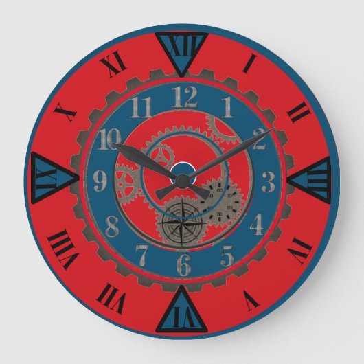 Hedendaagse rode en blauwe Steampunk wandklok Grote Klok (Voorkant)