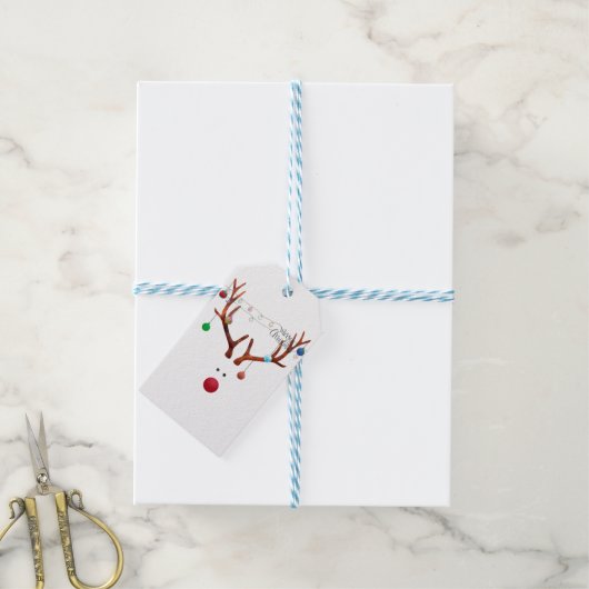 Hedendaagse rode neus rendierkleurige lichten cadeaulabel (Met Touw)