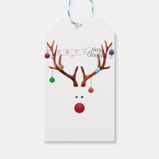 Hedendaagse rode neus rendierkleurige lichten cadeaulabel (Voorkant)