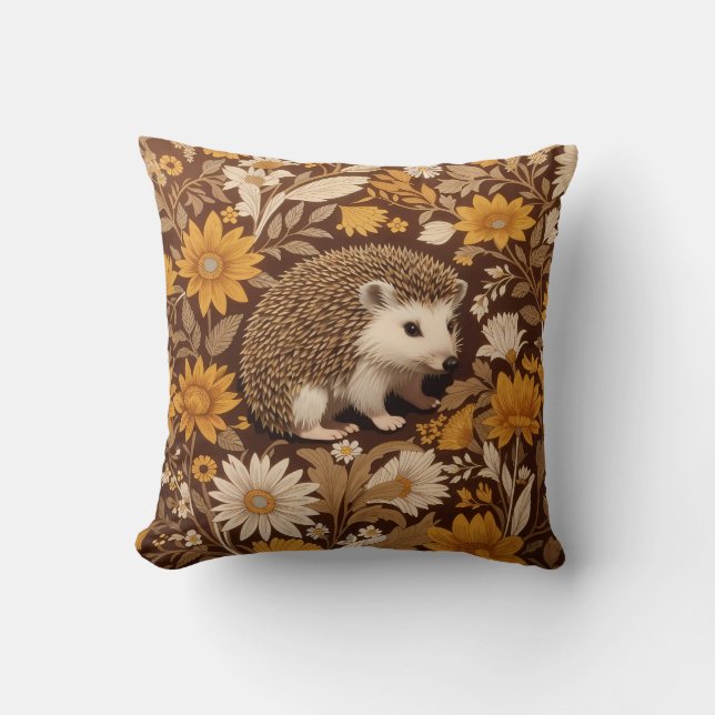 Hedgehog Brown Floral William Morris Geïnspireerd Kussen (Voorkant)