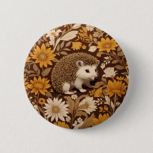 Hedgehog Brown Floral William Morris Geïnspireerd Ronde Button 5,7 Cm