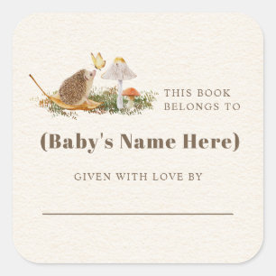 Hedgehog Butterfly Mushroom Baby shower Boek Vierkante Sticker