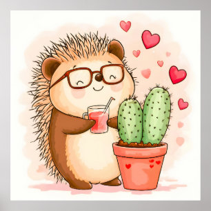 Hedgehog Cactus Cheers Waterverf Poster
