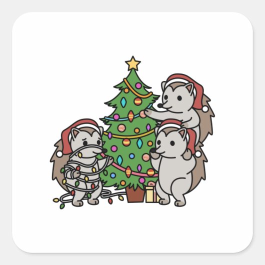 Hedgehog Christmas Tree Vierkante Sticker (Voorkant)