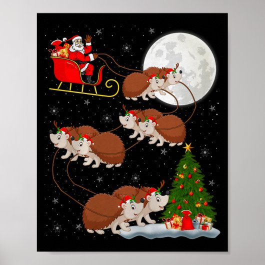 Hedgehog Santa Sleigh Flying Funny Magical Christm Poster (Voorkant)