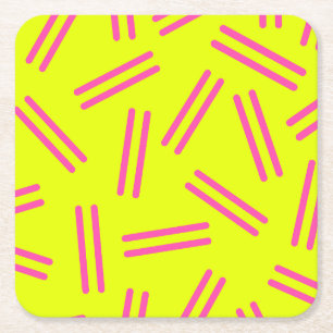Heel 80s Retro Pattern Neon Yellow Magenta roze Vierkante Kartonnen Onderzetter