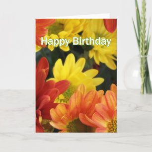 Heel oranje, gele maisachtige bloemen, gelukkig ja kaart