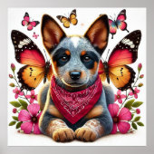 Heeler Puppy Omgeven Door Vlinders En Bloemen Poster (Voorkant)