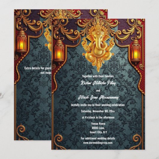 Heer Ganesh blauw gouden luxueuze Indiase bruiloft Kaart (Voorkant / Achterkant)