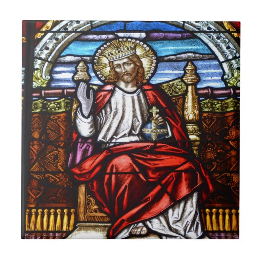 Heer Jezus op de troon gekleurd glas Tegeltje (Voorkant)