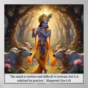 Heer Krishna Vrindavan Bos Fluit Spelen Goddelijk Poster