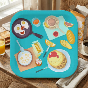 Heerlijk ontbijt pannenkoeken eieren koffie papieren bordje