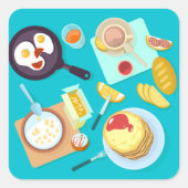 Heerlijk ontbijt pannenkoeken eieren koffie vierkante sticker (Voorkant)