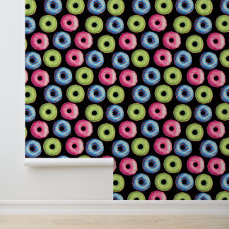 Heerlijk roze blauw groen donut voedselpatroon behang
