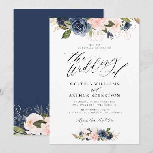 heerlijk script navy en bruine roze bruiloft kaart (Voorkant / Achterkant)