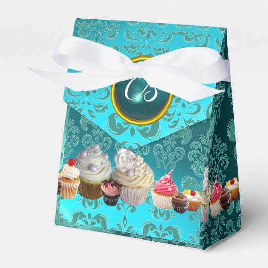 HEERLIJKE CUPCAKES BLAUWGROEN DAMASK BLUE GEM MONO BEDANKDOOSJES (Voorkant Zijde)