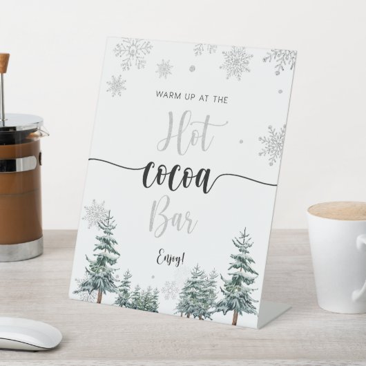Heet cacaobalk, zilverwinterteken reclamebord met voetstuk (Insitu)