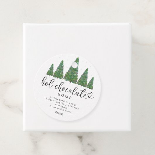 Heet chocoladebom label. Evergreen hot cacaobom Bedankjes Labels (In situ)