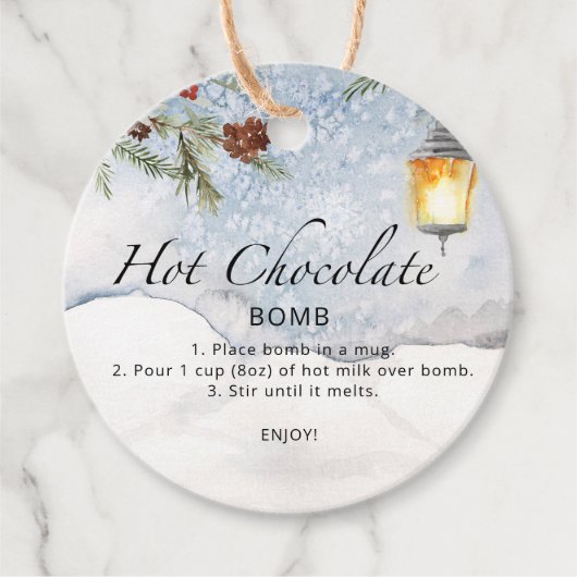 Heet chocoladebom label. Winterhete cacaombom Bedankjes Labels (Voorkant)