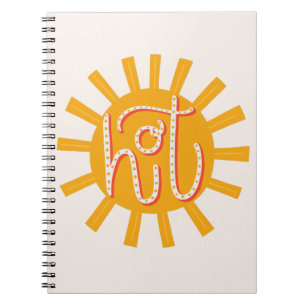 Heet. Grappig schattige gele zon. Sunshine typogra Notitieboek