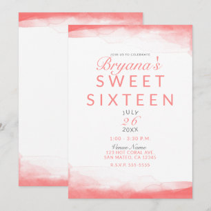 Heet Koraal Helder Waterverf Modern Chic Sweet 16 Kaart
