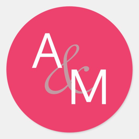 Heet koraalroze en witte monogram envelop ronde sticker (Voorkant)